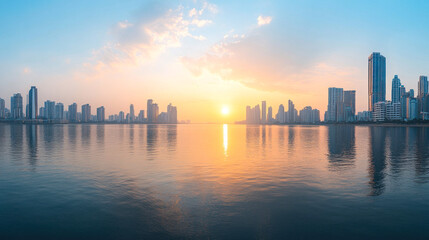 Fototapeta premium Panoramic view of a city skyline at sunset over water.