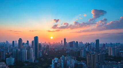 Obraz premium Urban city skyline with sun setting behind skyscrapers