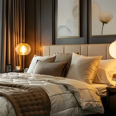 A luxury bedroom interior, plush bedding, soft lighting from bedside lamps