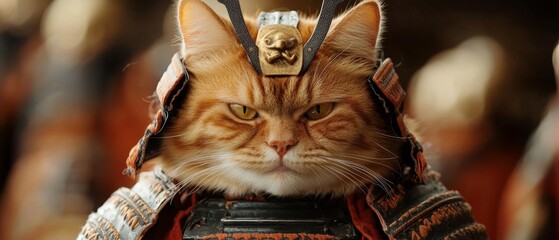Orange fat samurai cat with a fierce expression and traditional armor demanding your attention with its commanding presence