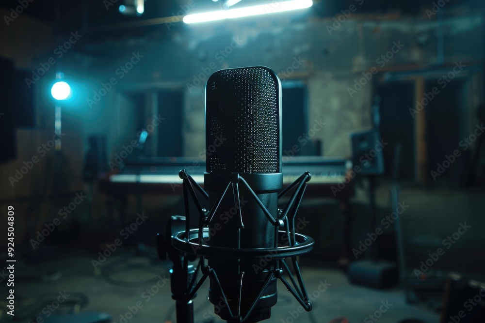 Aufkleber a microphone sits in a darkened room lit by a single light source