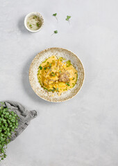 Polenta with Chicken Thigh and Creamy Cheese Sauce – Gourmet Plate