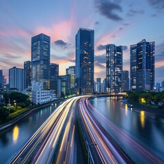 Fototapeta premium A modern city skyline at dusk, illuminated skyscrapers reflecting on a river