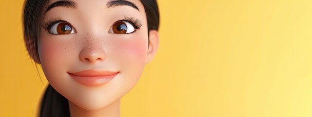 3D Cartoon Close Up of a Smiling Asian Woman with a Stylish Nose Transformation for Beauty and Glamour Concept Bright Background