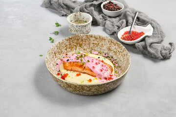 Gourmet Salmon Steak with Mashed Potatoes and Caviar Sauce