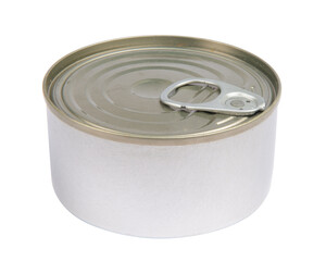 Closed bank of canned food on white background