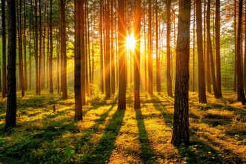 Naklejka premium A sunny day in a dense forest with sunlight filtering through the trees