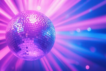 Fototapeta premium A disco ball on the left side of an abstract background with rays and light effects in purple, pink, and blue colors.