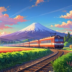 train in the field with mountain and blue sky with sunset as background anime style 