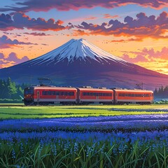 train in the field with mountain and blue sky with sunset as background anime style 
