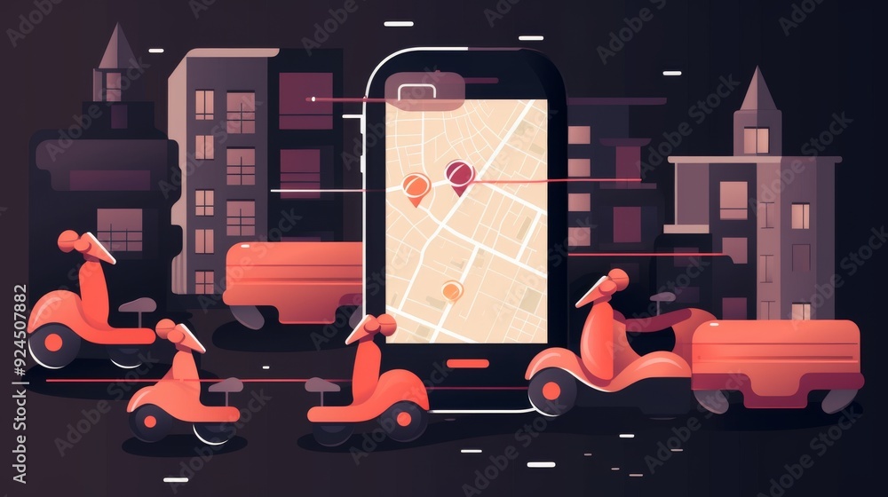 Poster a city scene with a cell phone displaying a map of the area
