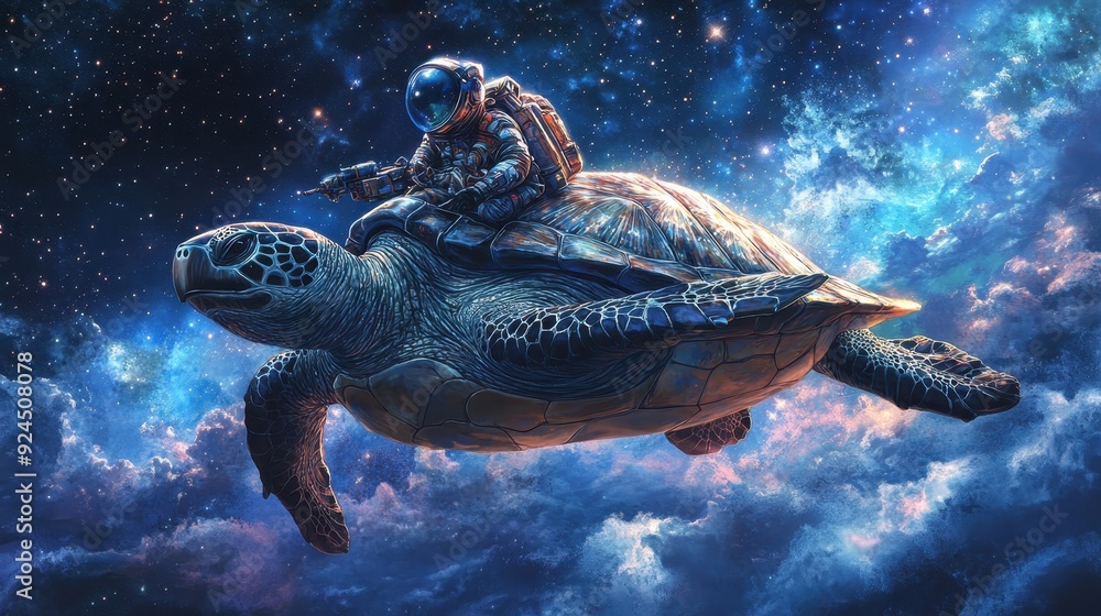 Poster astronaut riding a giant turtle through space.