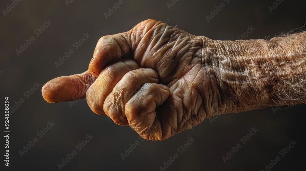 Poster a close-up view of a person's hand grasping an unknown item, suitable for use in a variety of contex