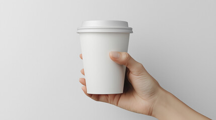 Hand holding white mock up of coffee cup on white backdrop