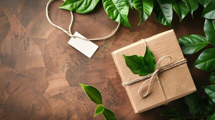 Cardboard box with handle for shipping or gift, leaves and white label marking carbon neutral, brown background. Eco-friendly packaging, recycle paper, zero waste, natural product concept.