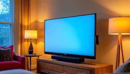 Fototapeta premium Living room interior with Blue TV screen and bright lamps Furniture Furnished Apartment Home House Lounge