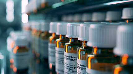 a close-up view of medical vials with detailed labels showing drug names, dosages
