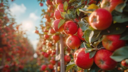 A bountiful apple orchard at sunset, where ripe red apples hang from verdant branches, inviting harvest. Generative AI