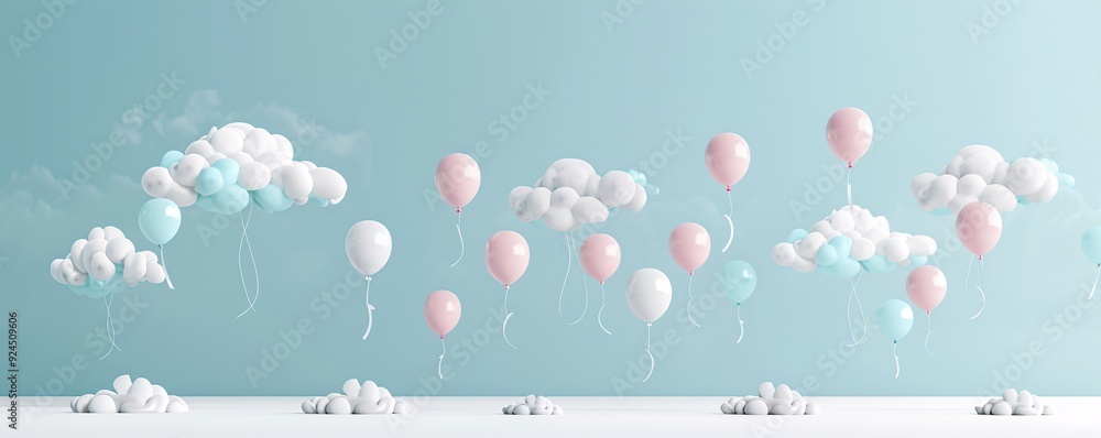 Poster a whimsical 3d background featuring floating clouds and balloons in a clear blue sky, ideal for ligh
