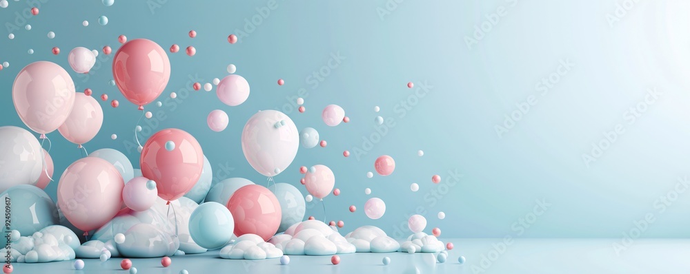 Poster a whimsical 3d background featuring floating clouds and balloons in a clear blue sky, ideal for ligh