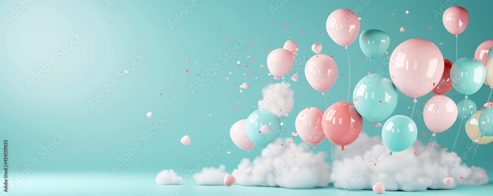 Poster a whimsical 3d background featuring floating clouds and balloons in a clear blue sky, ideal for ligh