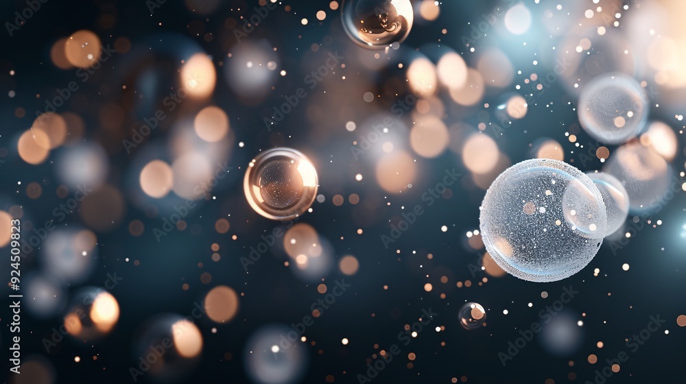 Poster a tranquil 3d background with softly glowing orbs floating in a dark space, creating a peaceful atmo