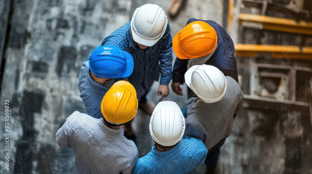 Poster construction team with hard hats collaborating on a large building project
