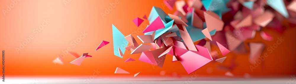 Poster a dynamic 3d background with sharp, fragmented shapes in vibrant colors, providing a bold and energe