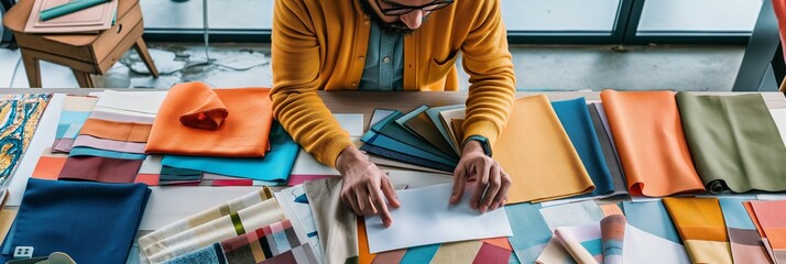 A designer is deeply engaged in selecting textile swatches in a modern studio setting. Various colorful fabric samples are spread across a worktable.