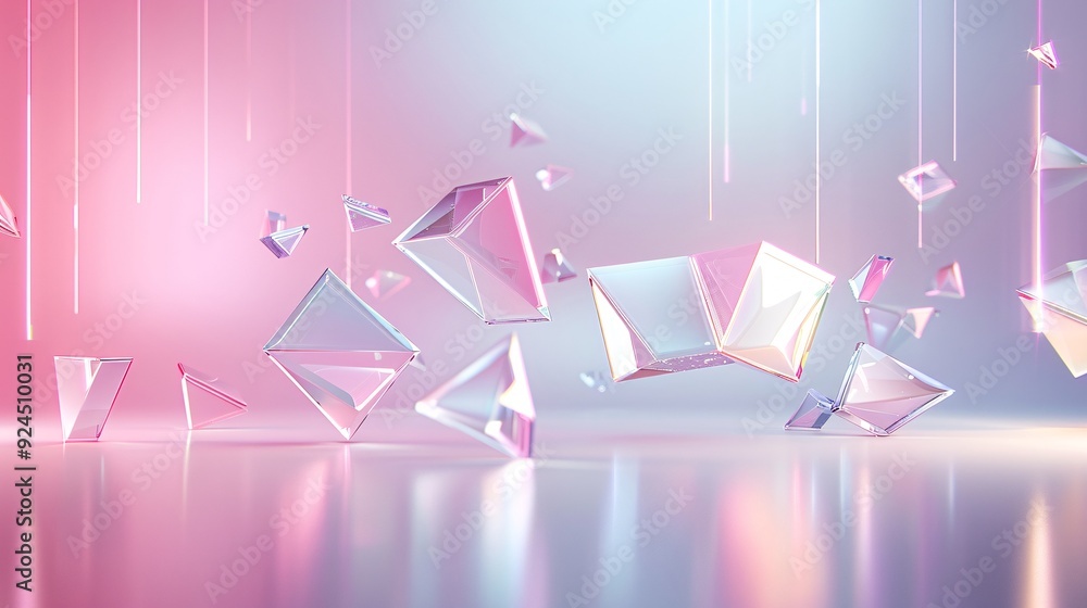 Poster a sleek, futuristic 3d background with geometric shapes floating in a gradient space, providing ampl