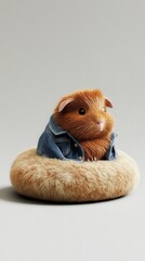 Fototapeta premium A cute guinea pig dressed in a small jacket relaxes on a soft cushion in a serene and simple environment