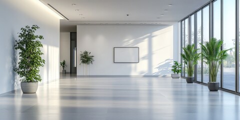 Fototapeta premium Modern Office Interior: A Minimalist Design Featuring Potted Plants on Light Backgrounds, Embracing the Concept of Contemporary Architecture in 3D Render.