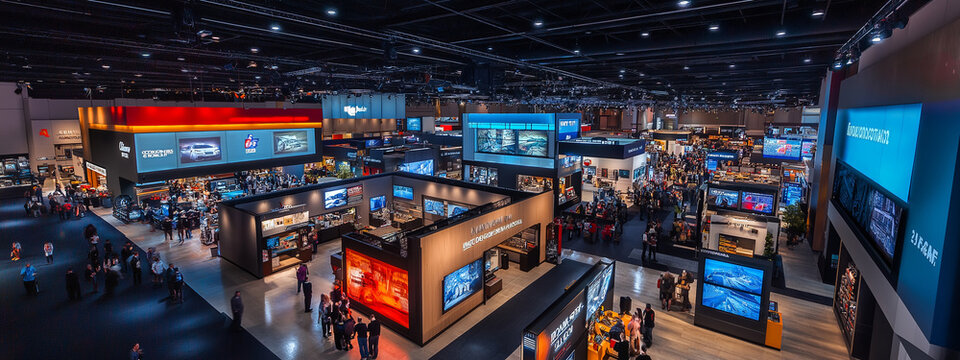 Bustling high-tech convention center with innovative exhibits