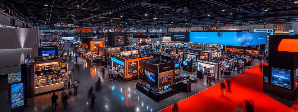 Bustling high-tech convention center with innovative exhibits