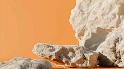 Minimalist Limestone Rocks on Warm Orange Background for Modern Design. Generative AI