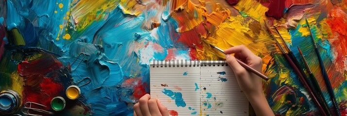 Fototapeta premium An artist's hand painting in a notebook, placed on a table with bright, colorful paint strokes and art supplies in the background.