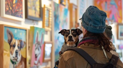 Woman with Dog in Art Gallery Admiring Colorful Dog Paintings on Display