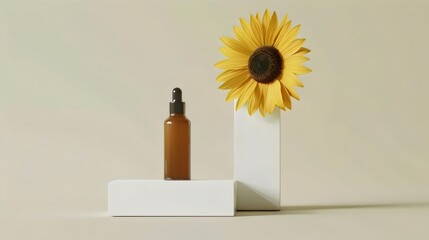 Minimalist Sunflower and Dropper Bottle Composition on Neutral Background. Generative AI