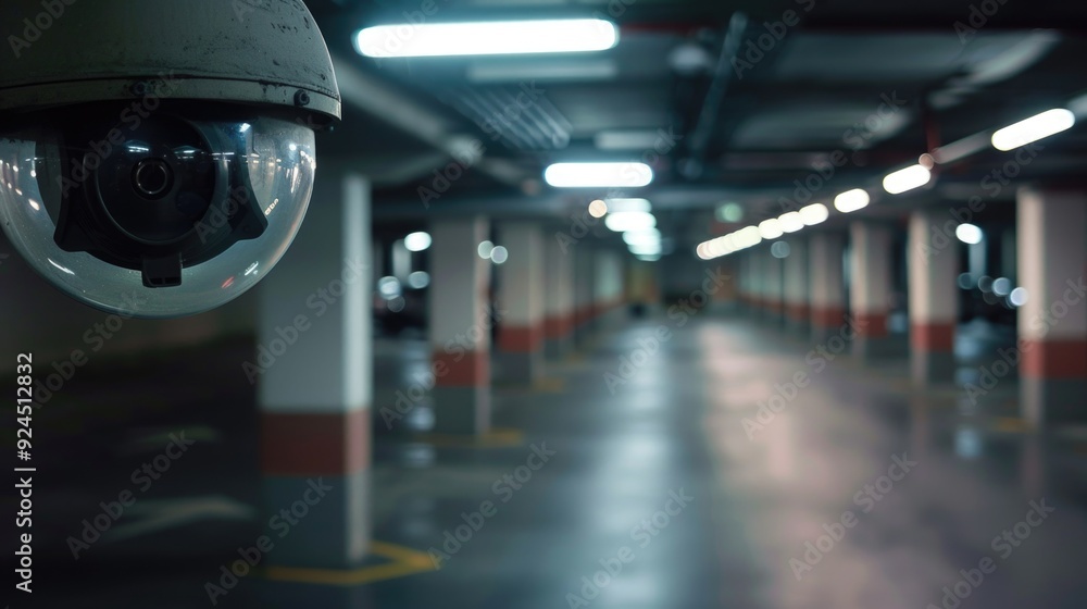 Poster A security camera installed in a parking garage with a dark background, suitable for use in crime scenes, detective stories or futuristic settings