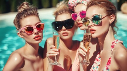 Stylish women celebrating with champagne poolside