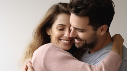 Fototapeta premium Happy woman hugging her husband, smiling at home. Man and wife enjoying a loving embrace.