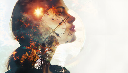Obraz premium Woman and clock, double exposure. Time concept