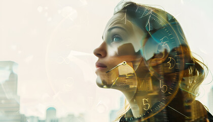 Obraz premium Woman and clock, double exposure. Time concept