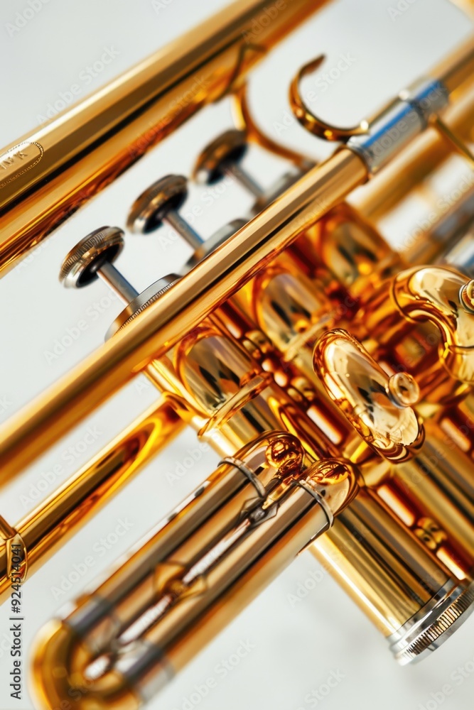 Poster a detailed view of a trumpet on a clean and simple white background, great for music-related concept