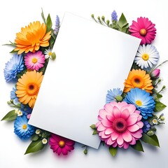 Fototapeta premium Floral Frame with Colorful Gerbera Flowers and Blank White Card, 3D Render