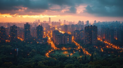 Obraz premium Cityscape at Sunset with Dramatic Clouds.