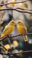 Fototapeta premium A Pair of Golden Canaries in a Birdhouse: A Warm and Cozy Avian Abode Celebrating the Joy of Pet Companionship.