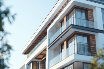 Obraz premium Apartment building with multiple units and outdoor spaces for residents, suitable for urban or cityscape themes