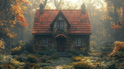 Enchanted Cottage in a Misty Forest
