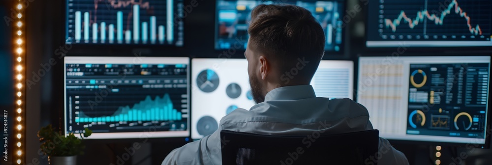Poster a businessman analyzing stock market data on multiple monitors in an office setting, showcasing vari